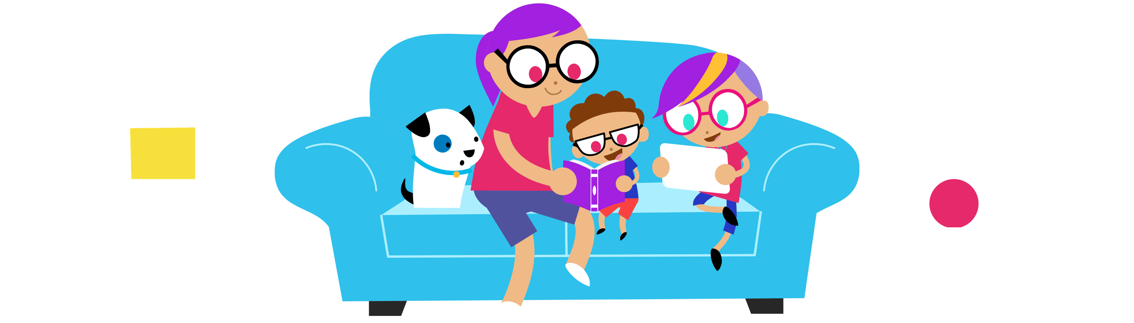 Woman, two kids, and a dog sitting on a couch. One child is reading a book with the woman and the other is looking at a tablet.