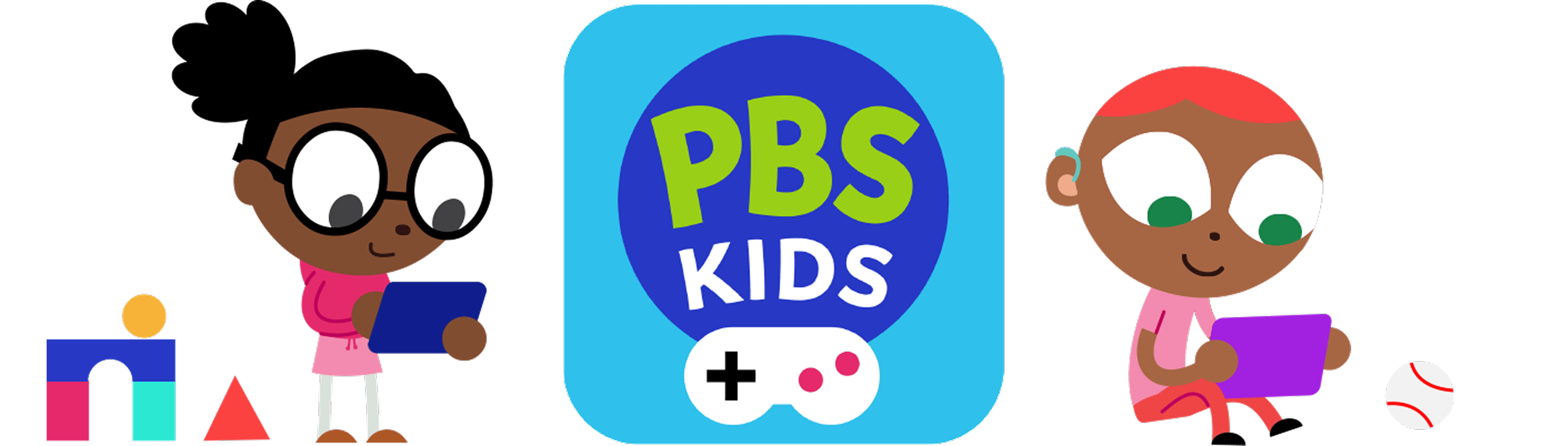 Two kids playing the PBS Kids Games App on their tablets while positioned on the left and right of the app logo.