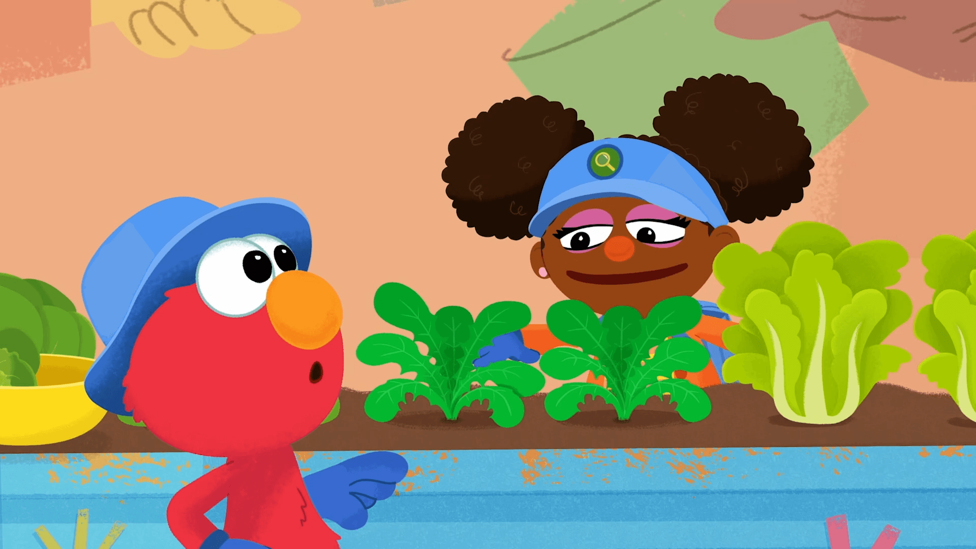 Elmo, Tango and Gabrielle search for veggies that grow on top of, under and above the soil.