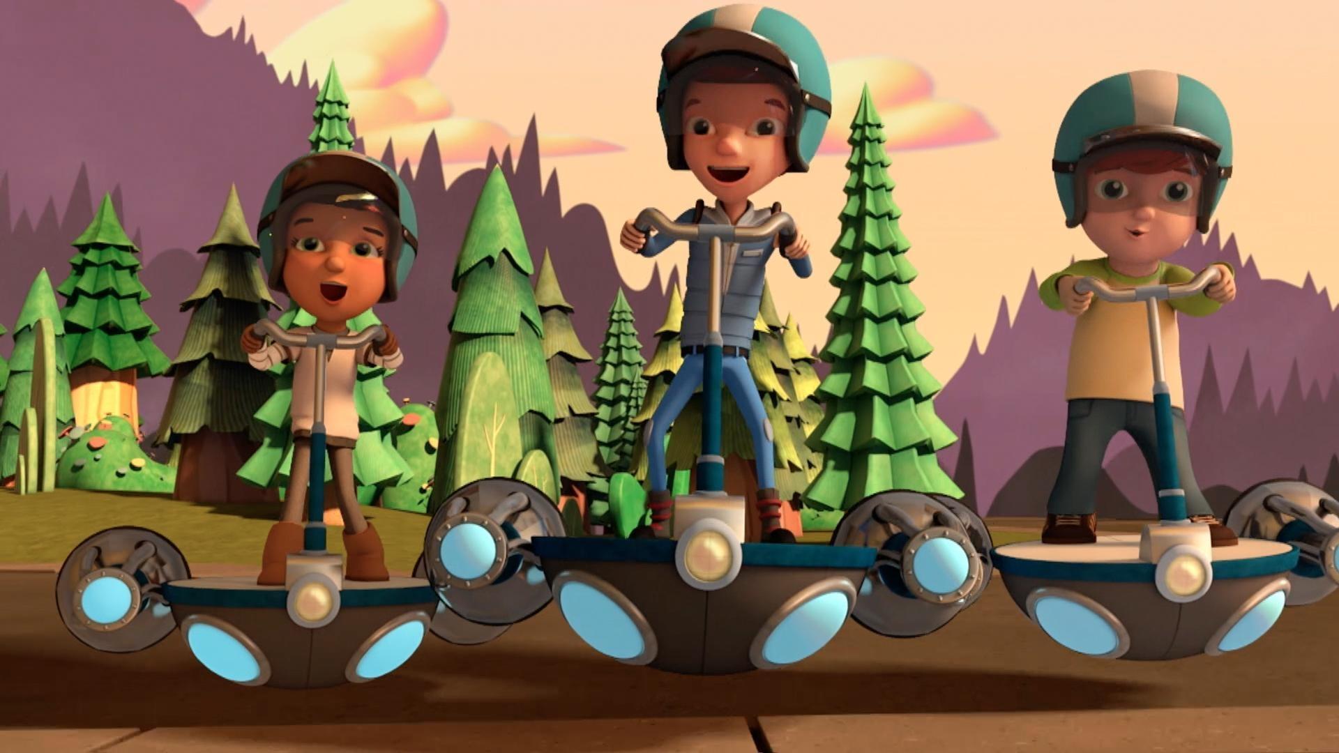 Celery and Uncle Zucchini race. / Jet tests his experimental time machine.