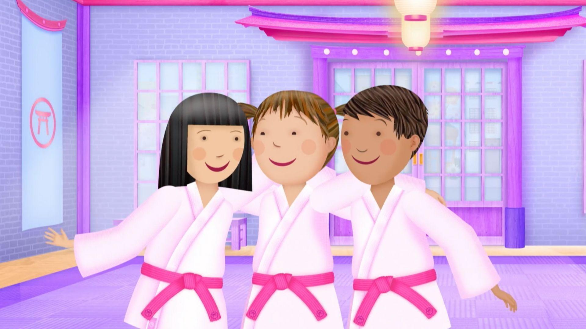 Pinkalicious learns a new move in karate./The school experiments with googly eyes.