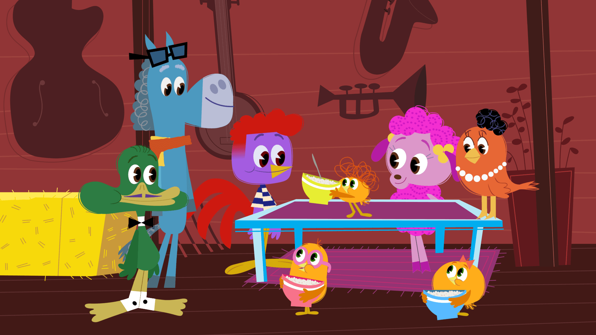 Rooster makes oatmeal with the Chick-a-Dees, learning each step with a jazzy rhythm.