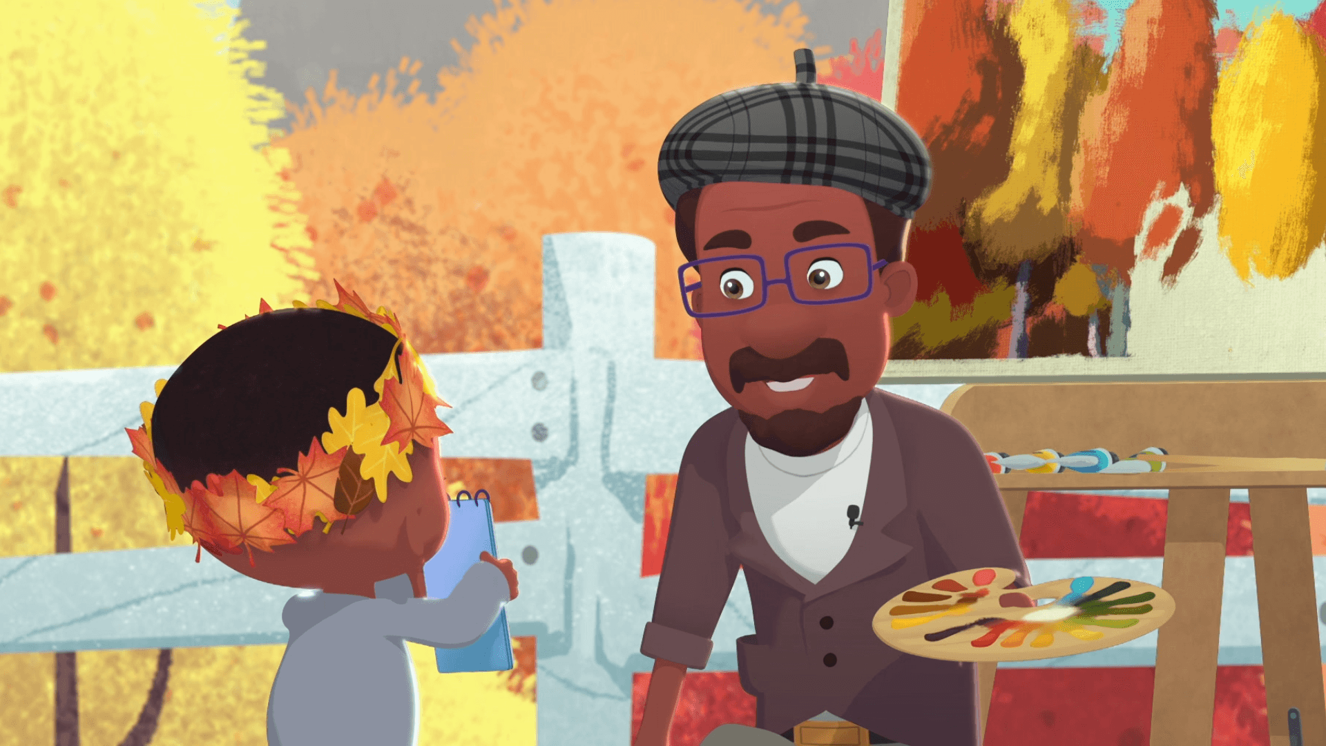 The Hunters meet Benny's hero, the leaf painter, who paints pictures of the Fall leaves.