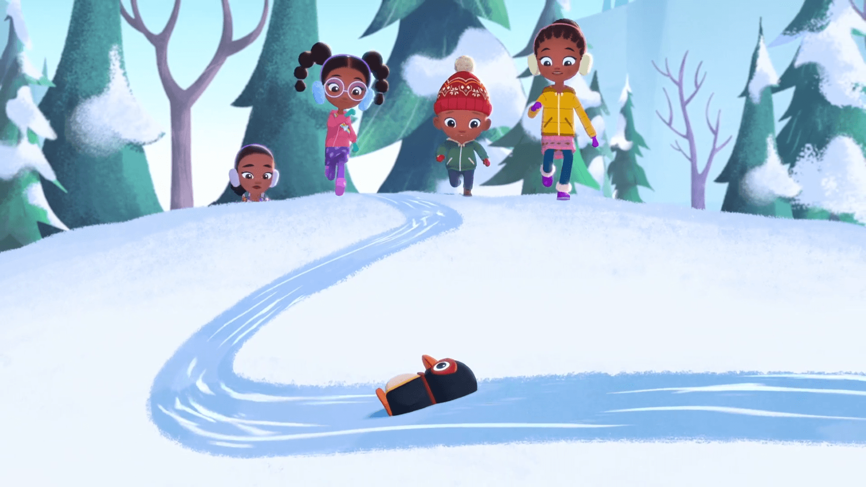 On a day of sledding, the Hunters launch a rescue mission to save Benny’s toy penguin.