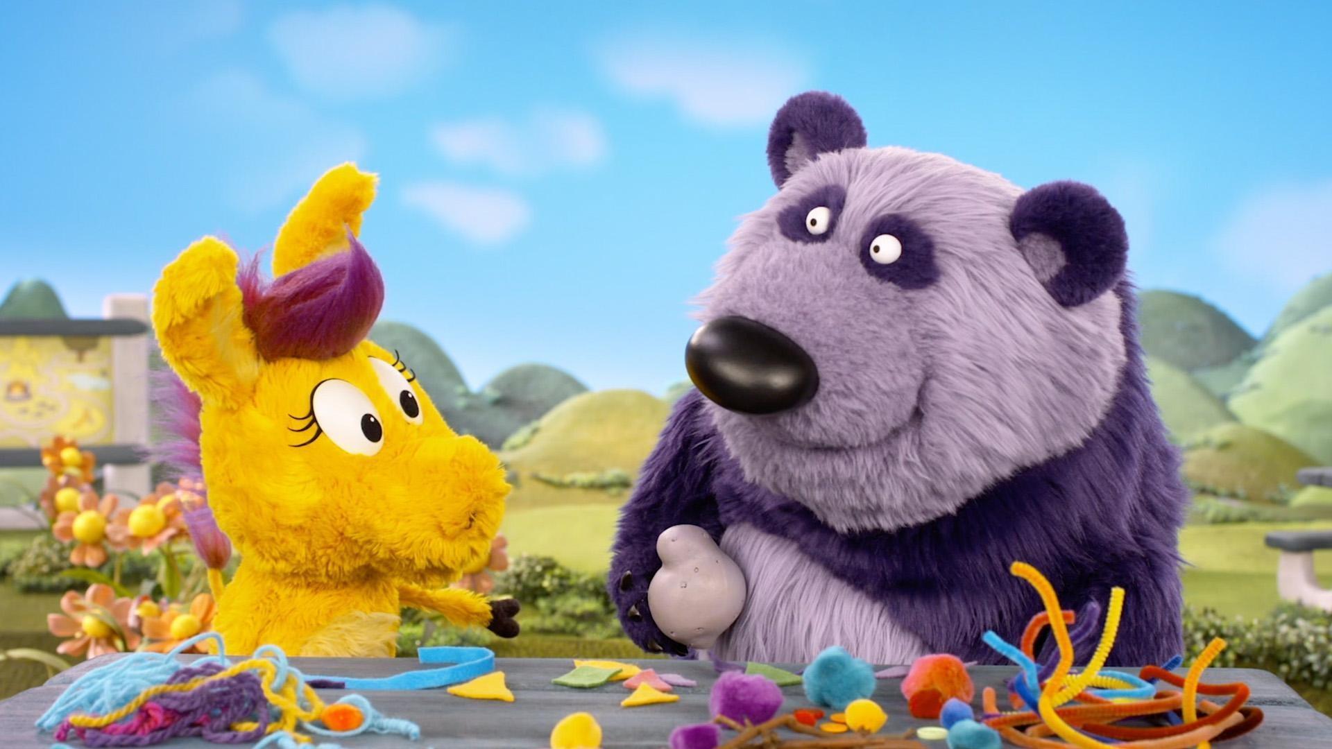 Grampy shares his favorite toy with Donkey./Donkey and Panda play with a new Tater Buddy.