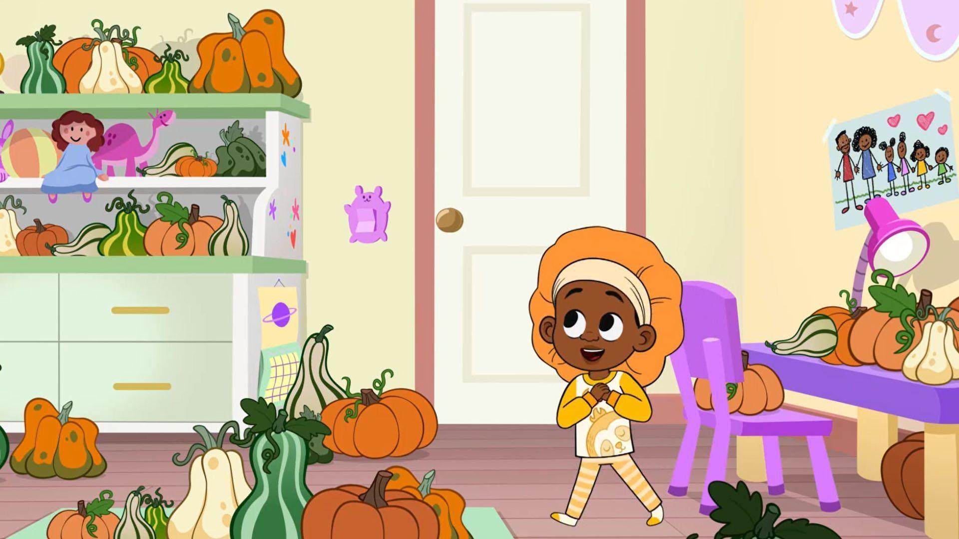 Lyla says goodnight to all her new pumpkins,