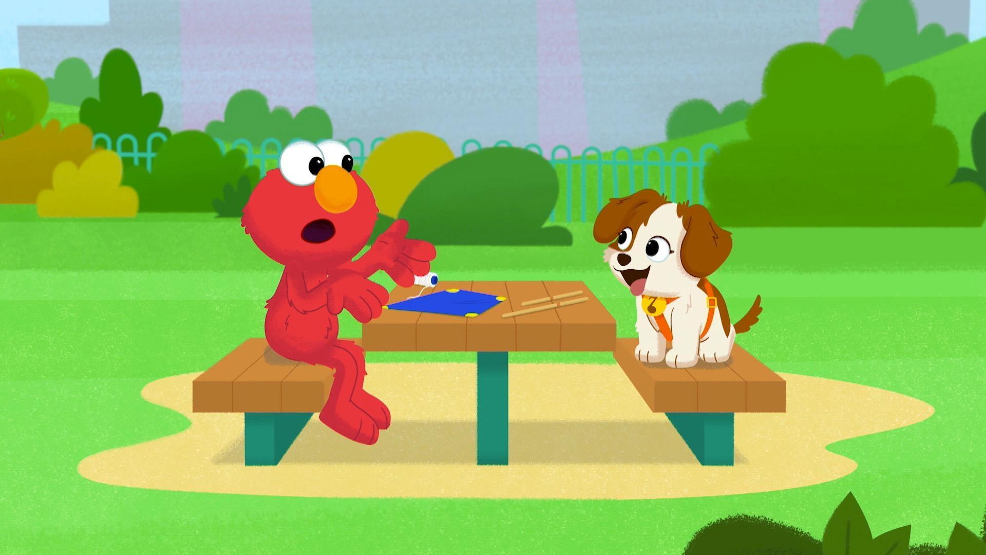 Elmo and Tango try to arrange the pieces of a mystery present from Elmo's nana.