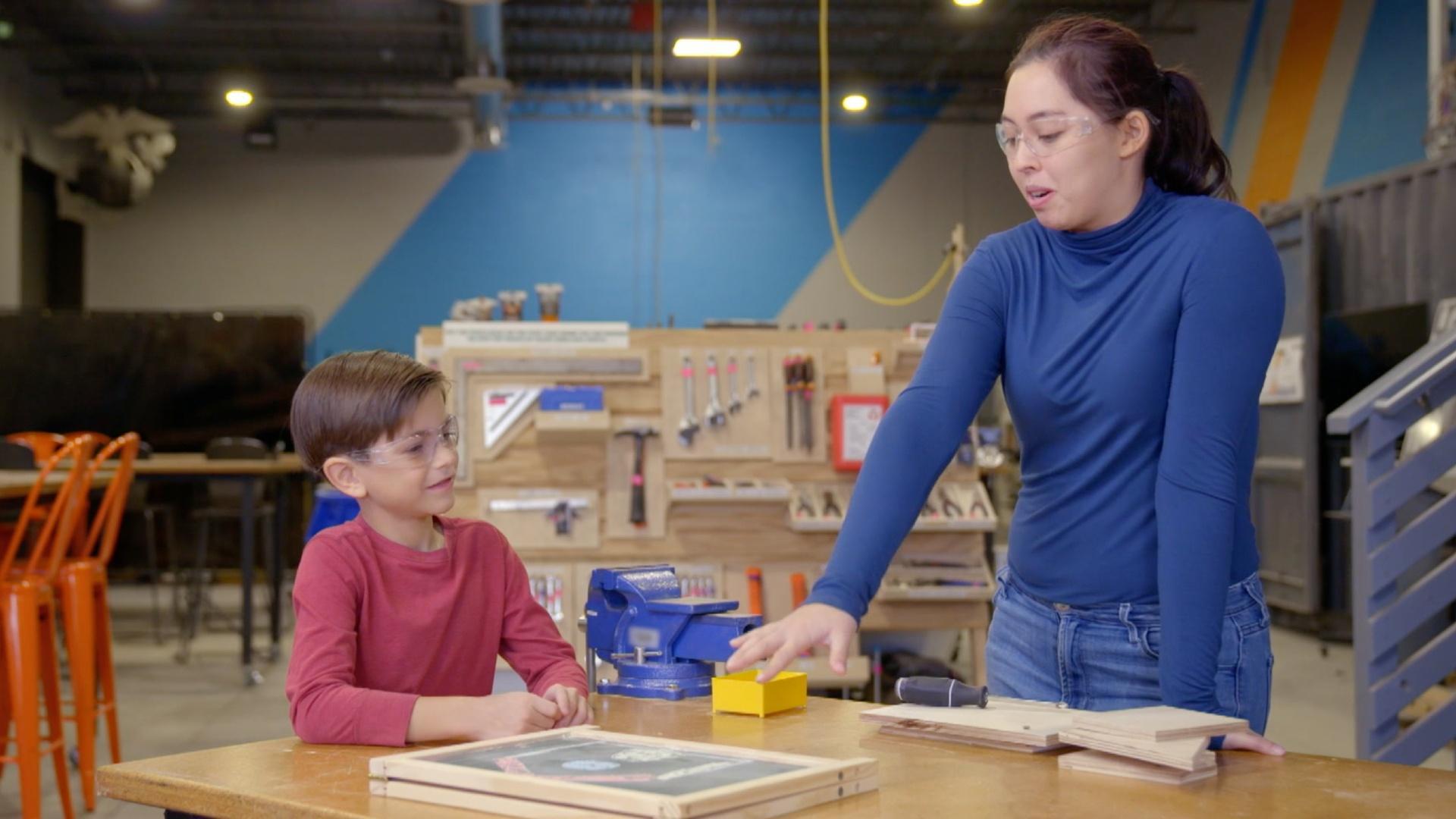 Cecily, a fabricator, helps Luke build a birdhouse. Luke learns about Cecily’s job.