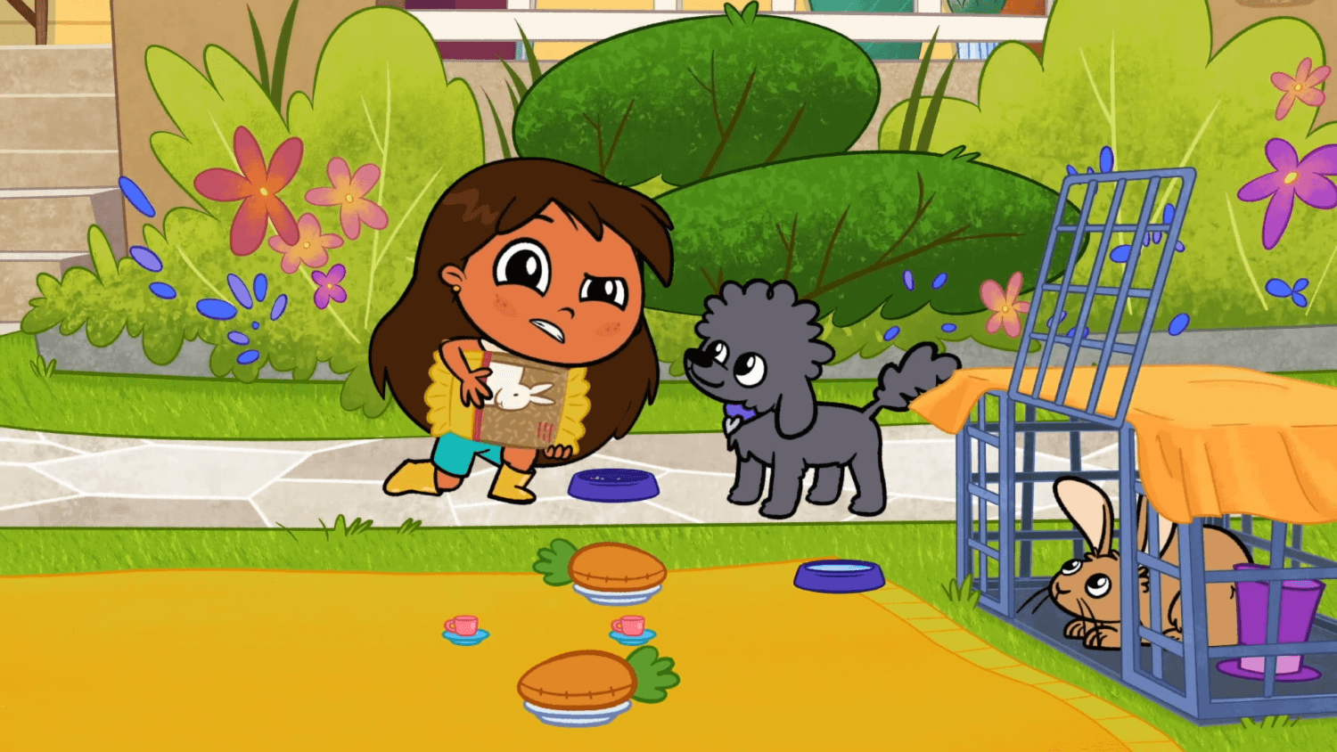 Rosie starts a pet-sitting business. / Rosie borrows a rock from Javi.