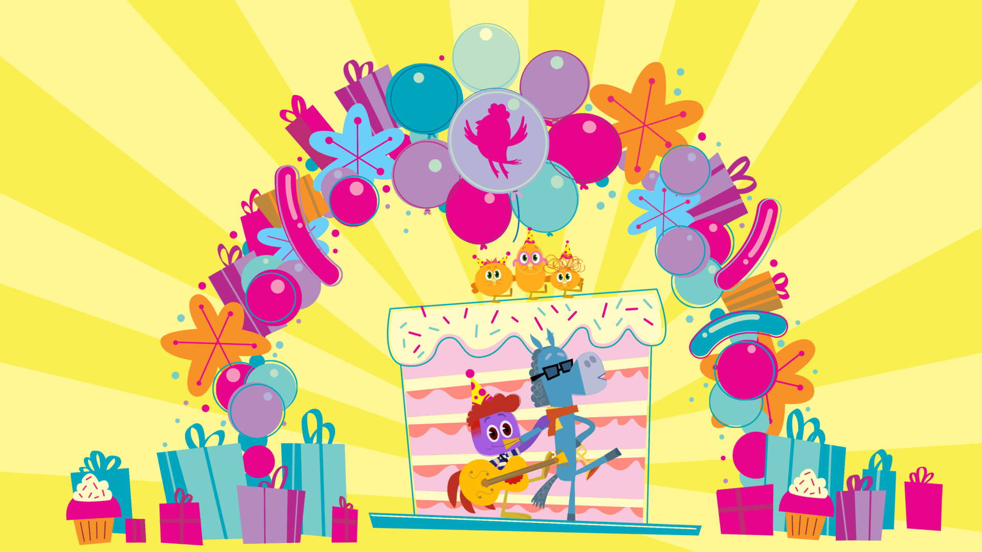 Rooster helps Mules improvise a jazzy "Happy Birthday" song as a gift to surprise Ella.