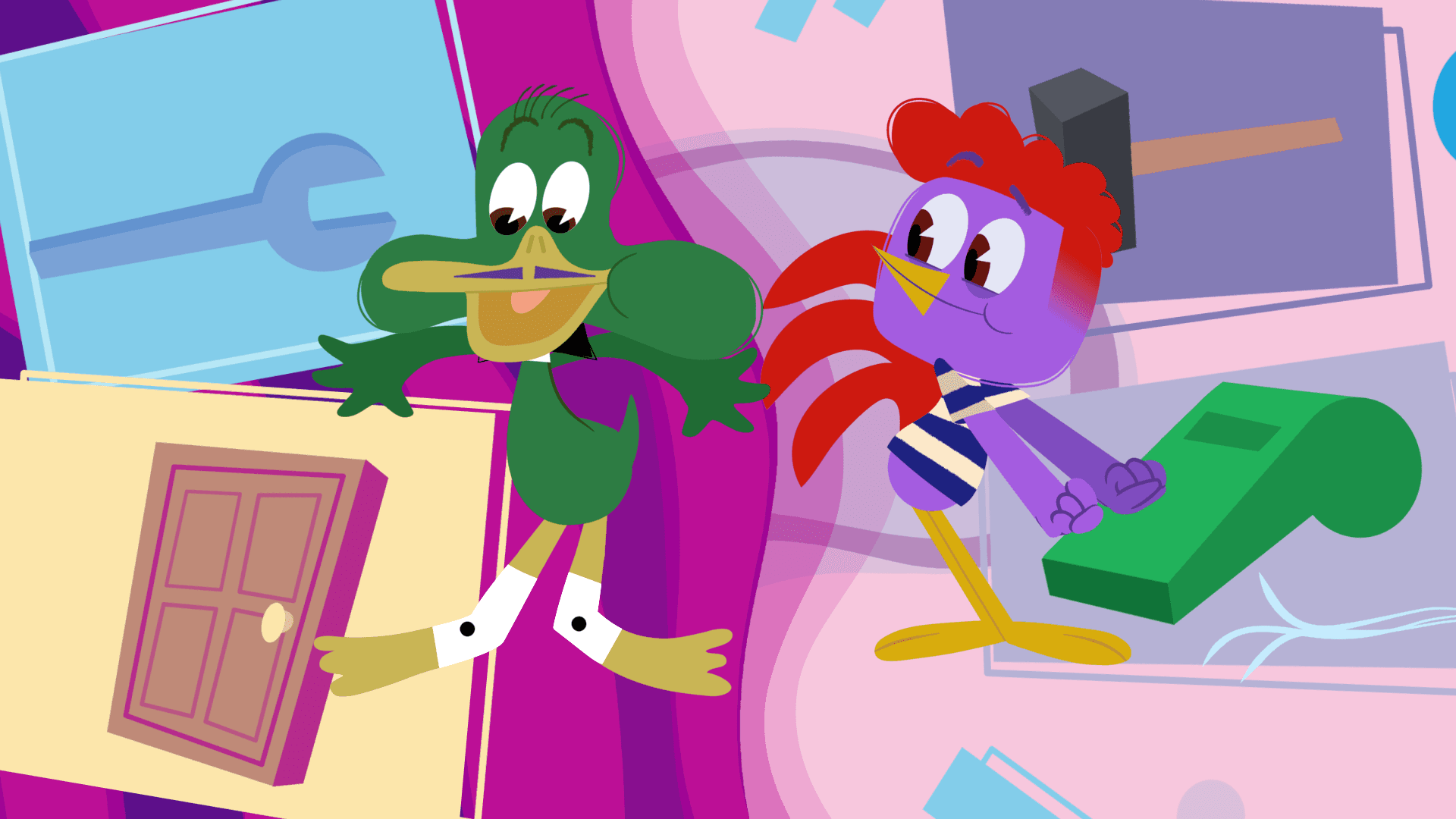 Rooster makes noises that annoy Duck at first, but then they inspire Duck to make a song.