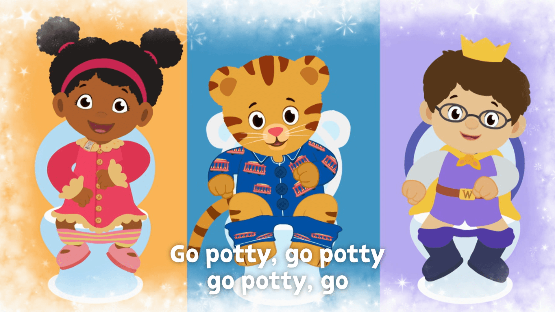 Miss Elaina, Prince Wednesday, Daniel Tiger, and Katerina Kittycat sing about going to the potty.