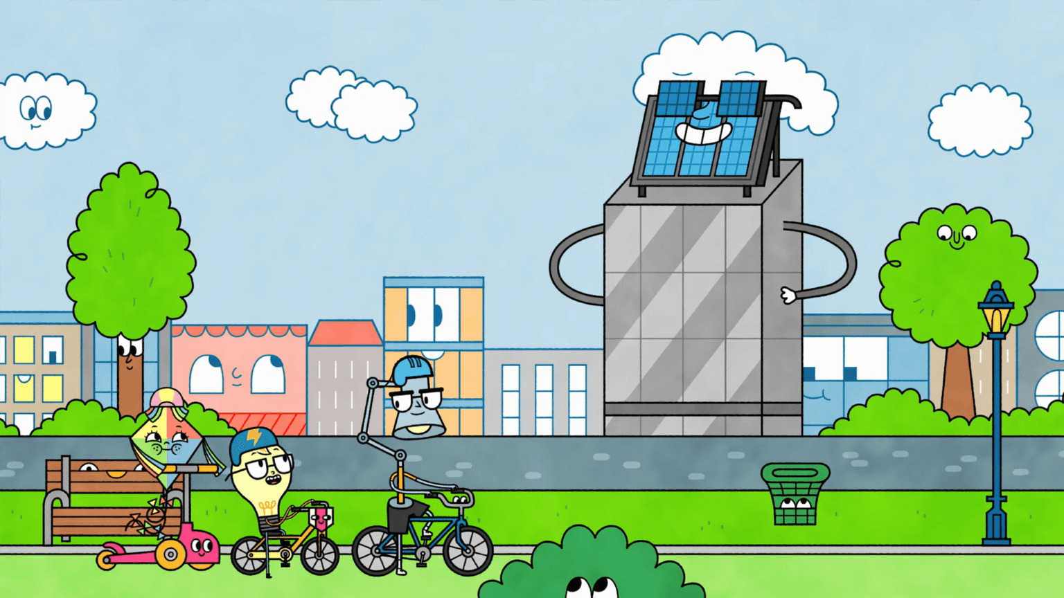 On a bike ride, Watt and Windy see how the city makes improvements for a brighter future.