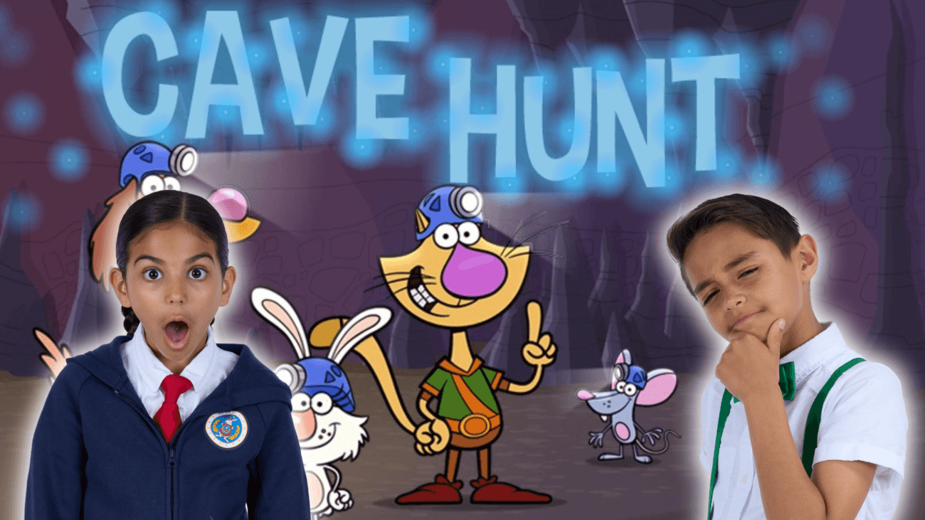 To help find his way back to headquarters, Olindo and Oaklynn play ‘Cave Hunt’ from Nature Cat.