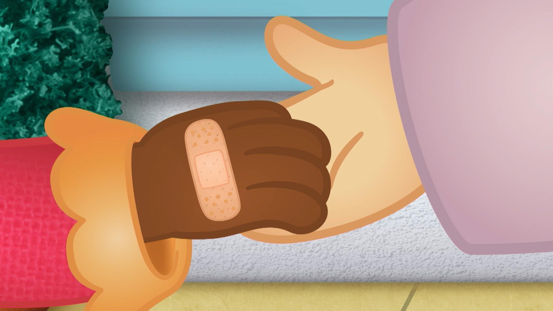 Miss Elaina gets a scratch on her hand and needs a bandage.