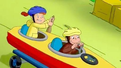 George and Allie build a car for the soapbox derby. / George helps out at the library.