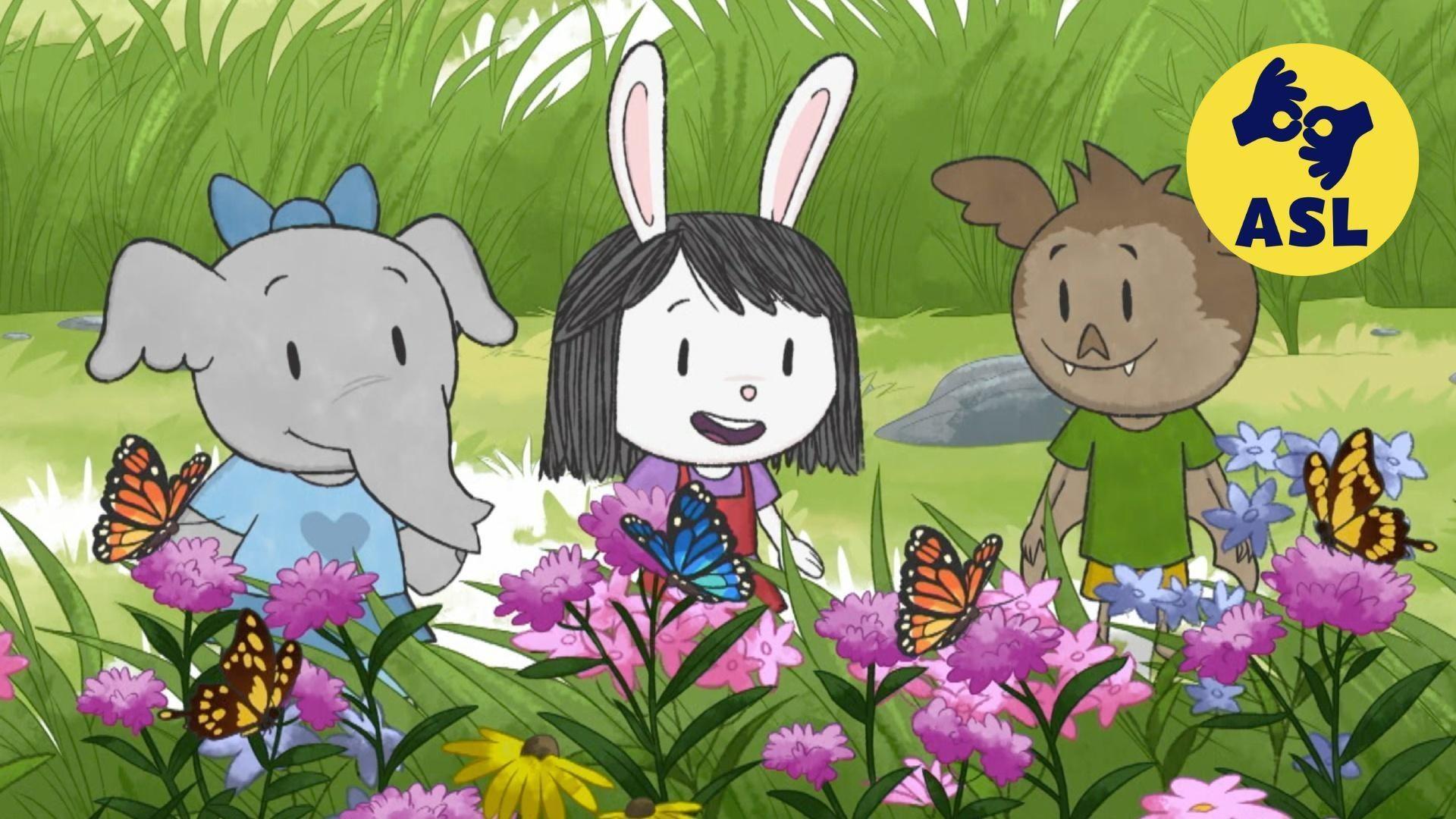 Olive wants to have a party with real butterflies! / The kids learn about spiderwebs.