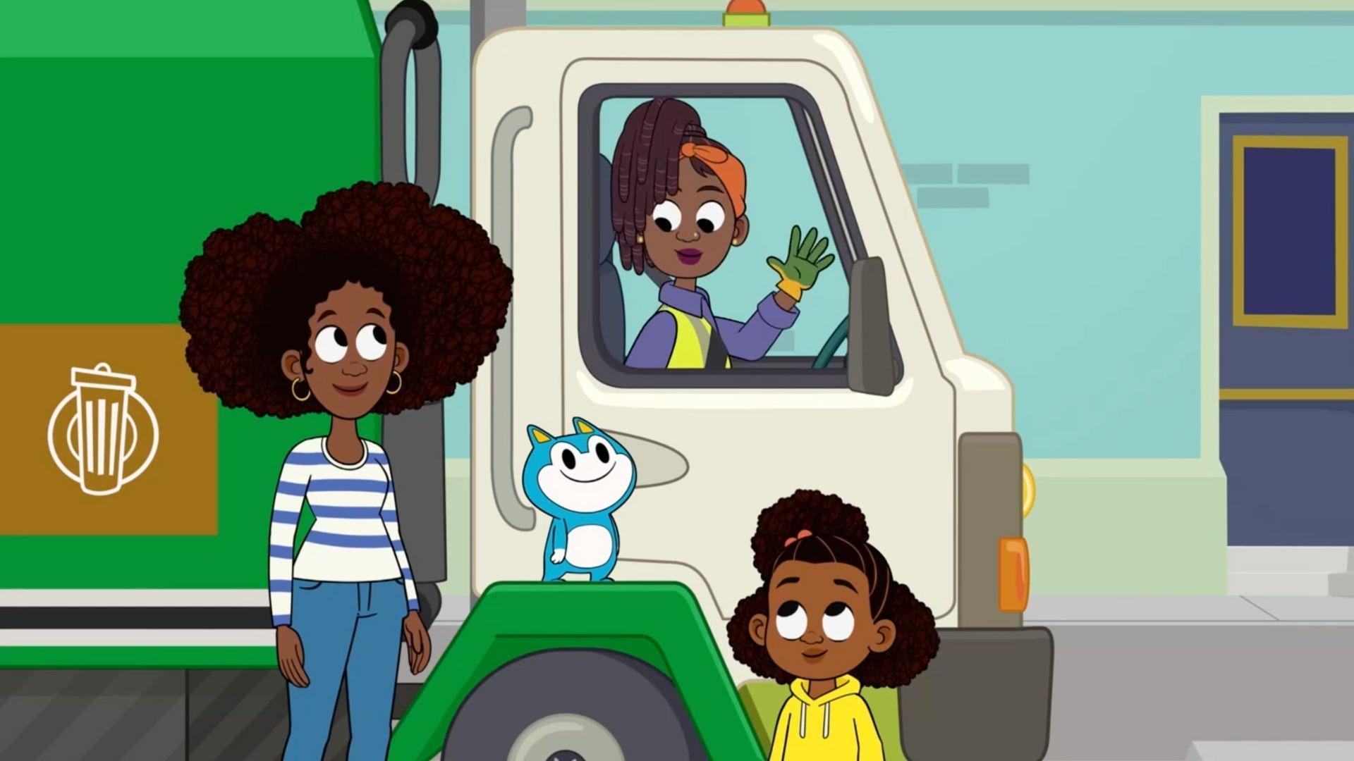 Lyla and Stu help with garbage pickup. / Lyla and Louisa lose Stu on a bus.