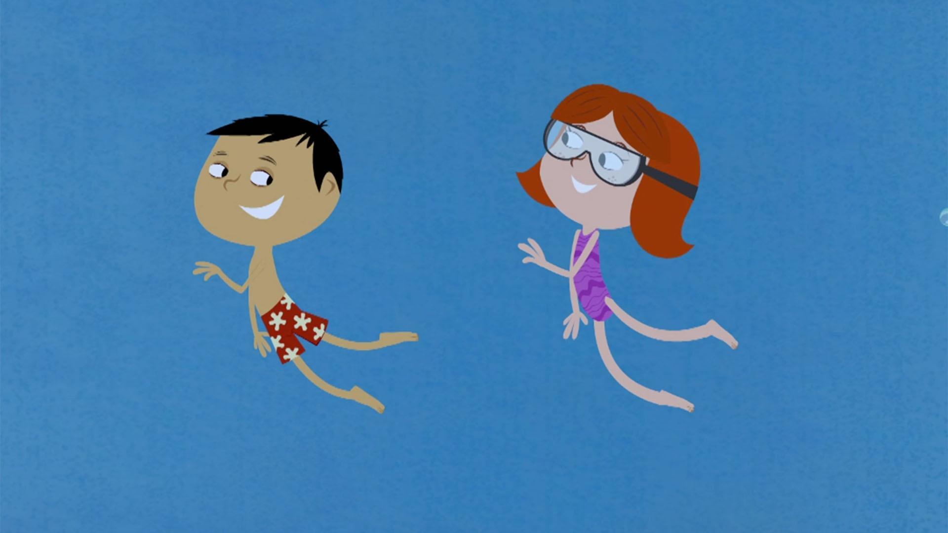 Nell leads Noah through the steps of learning how to swim