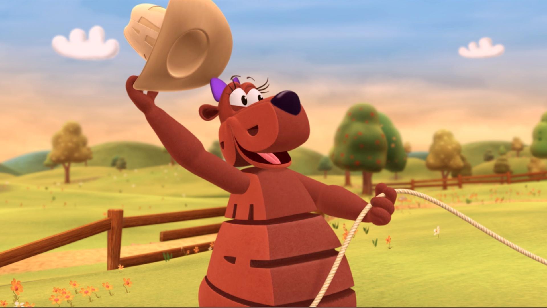 Frog asks friends to take a banana to Monkey's birthday party./Bear practices rope tricks.