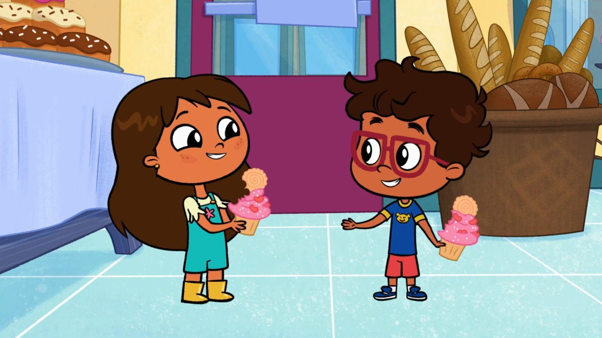 Rosie uses landmarks to find Calvin's Bakery. / The kids take part in an Easter Egg Hunt.