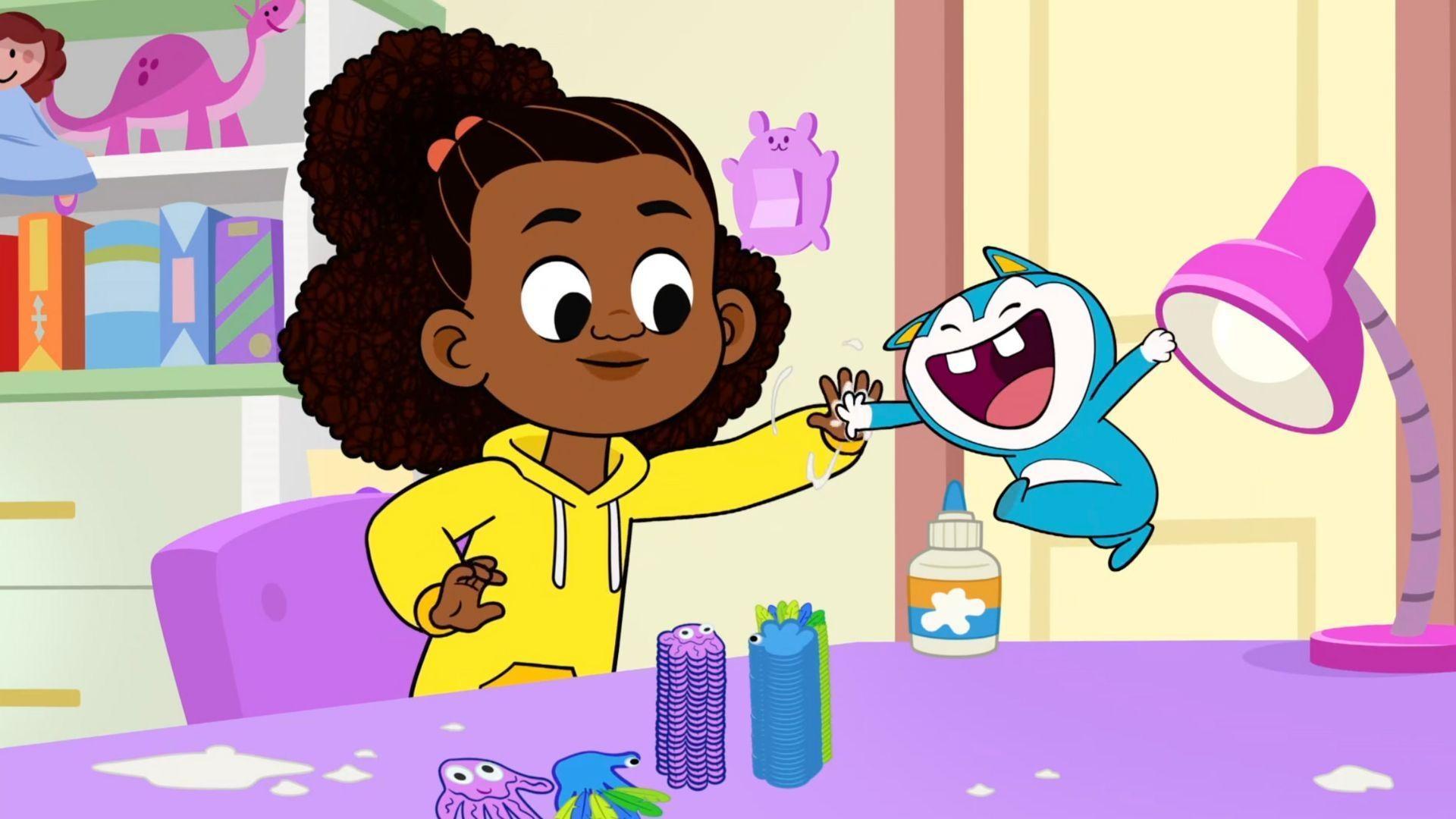 Lyla teaches Stu how to make a hand craft that can be a jellyfish or bird.