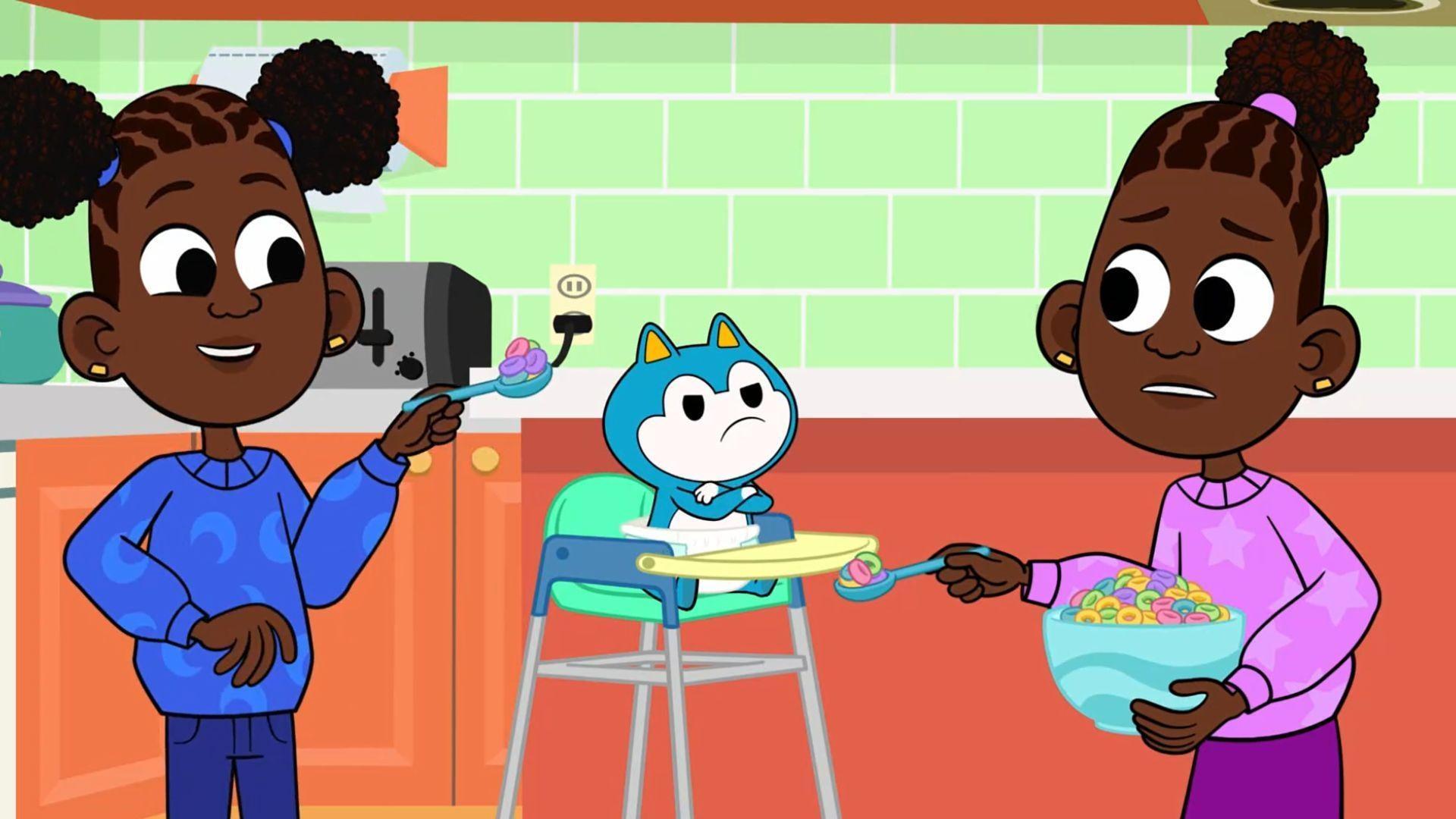 Louisa and Liana get toddler Stu to eat his food.