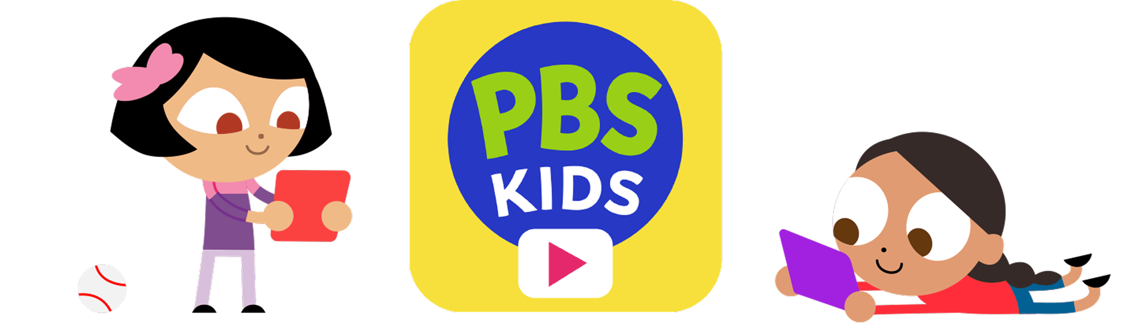 Two kids watching the PBS Kids Video App on their tablets while positioned on the left and right of the app logo.